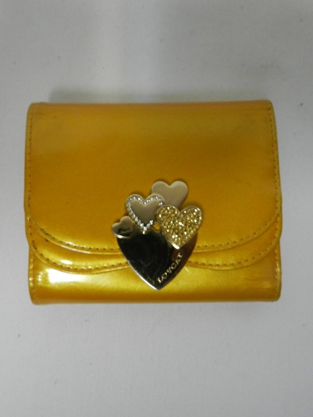 LovCat Heart embossed patent Genuine Leather yellow small tri-fold wallet